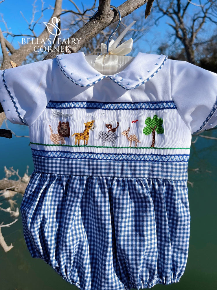 Baby Boy’s Gingham Hand-smocked Animals Bubble/Baby boy clothing/Romper/Bodysuit/Jumpsuit/Newborn,Toddler boy bubble/summer short bubble