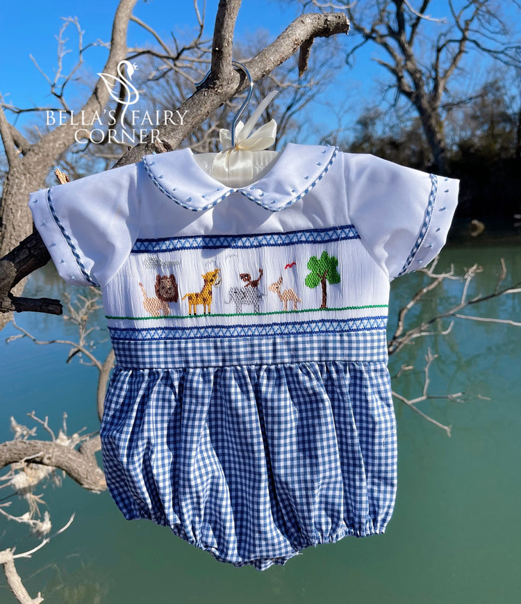 Baby Boy’s Gingham Hand-smocked Animals Bubble/Baby boy clothing/Romper/Bodysuit/Jumpsuit/Newborn,Toddler boy bubble/summer short bubble