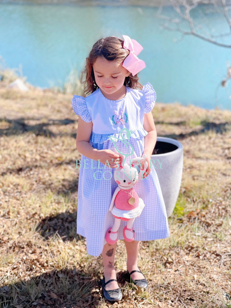 Baby Girl's Gingham Hand-embroidery Easter Bunny Ruffle Dress/Baby girl clothing/Newborn,Toddler,Kid dress/Easter Outfit/Cute Bunny Dresses,