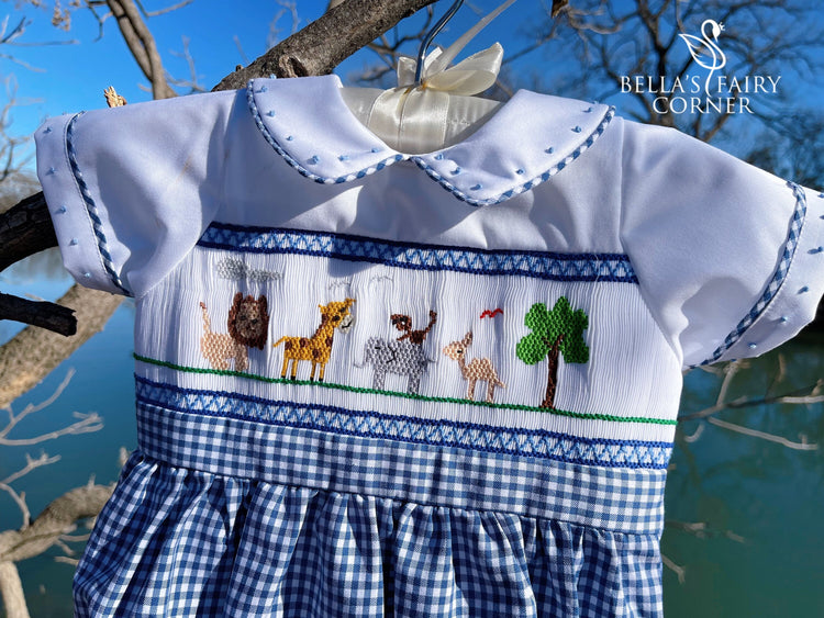 Baby Boy’s Gingham Hand-smocked Animals Bubble/Baby boy clothing/Romper/Bodysuit/Jumpsuit/Newborn,Toddler boy bubble/summer short bubble