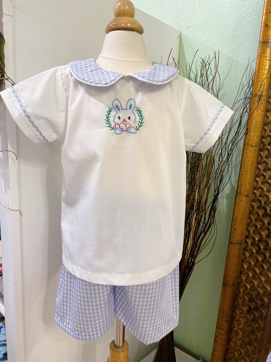 Baby Boy's Gingham Hand-embroidery Bunny Set/Baby boy clothing/Boy set/Easter Outfit/Toddler,Kid boy set/Summer Short Set/Two Piece set