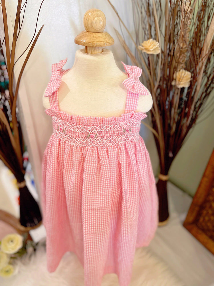 Baby Girl’s Hand-smocked Bow Tie Shoulder Dress/ Baby Girl Clothing/ Summer dress/ Cute outfit/ Pink Dress/Gingham dress/ Kid, Toddler dress