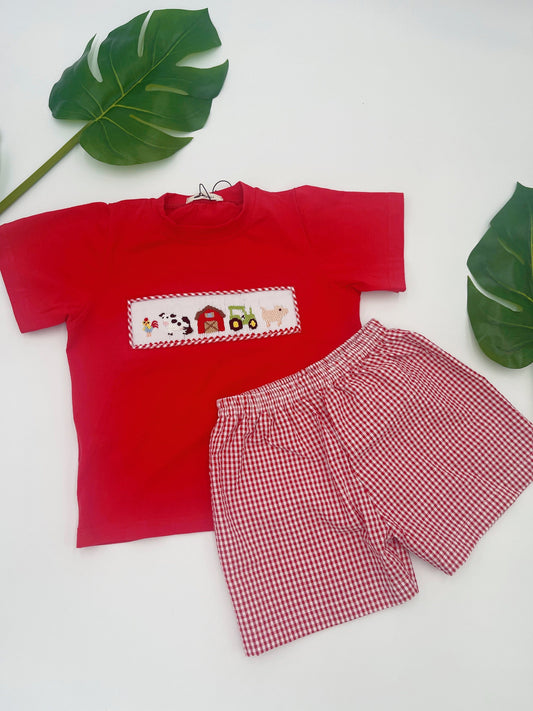 farm smocked set for boy, boys set, cotton boy set