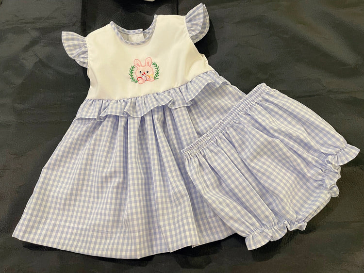 Baby Girl's Gingham Hand-embroidery Easter Bunny Ruffle Dress/Baby girl clothing/Newborn,Toddler,Kid dress/Easter Outfit/Cute Bunny Dresses,