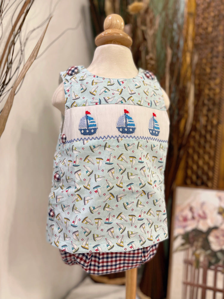 Baby Boy’s Hand-smocked Sailboat Diaper Set/ Contempo Studio Fabrics’ Sailboat Set/ US organic cotton boy set/ Baby boy clothing/Cake Smask