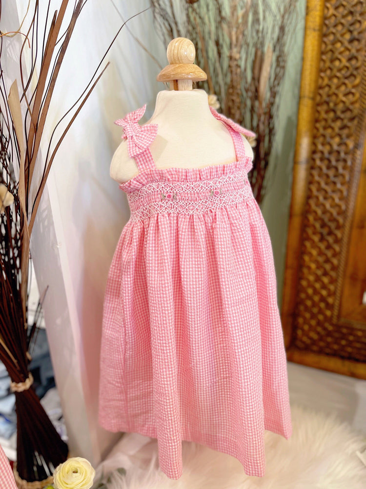 Baby Girl’s Hand-smocked Bow Tie Shoulder Dress/ Baby Girl Clothing/ Summer dress/ Cute outfit/ Pink Dress/Gingham dress/ Kid, Toddler dress