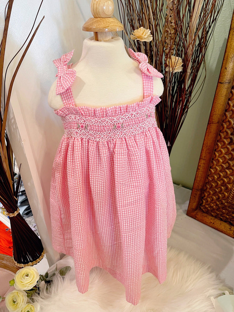 Baby Girl’s Hand-smocked Bow Tie Shoulder Dress/ Baby Girl Clothing/ Summer dress/ Cute outfit/ Pink Dress/Gingham dress/ Kid, Toddler dress