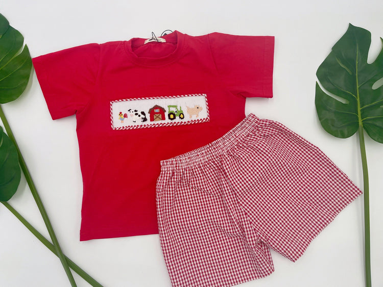 farm smocked set for boy, boys set, cotton boy set