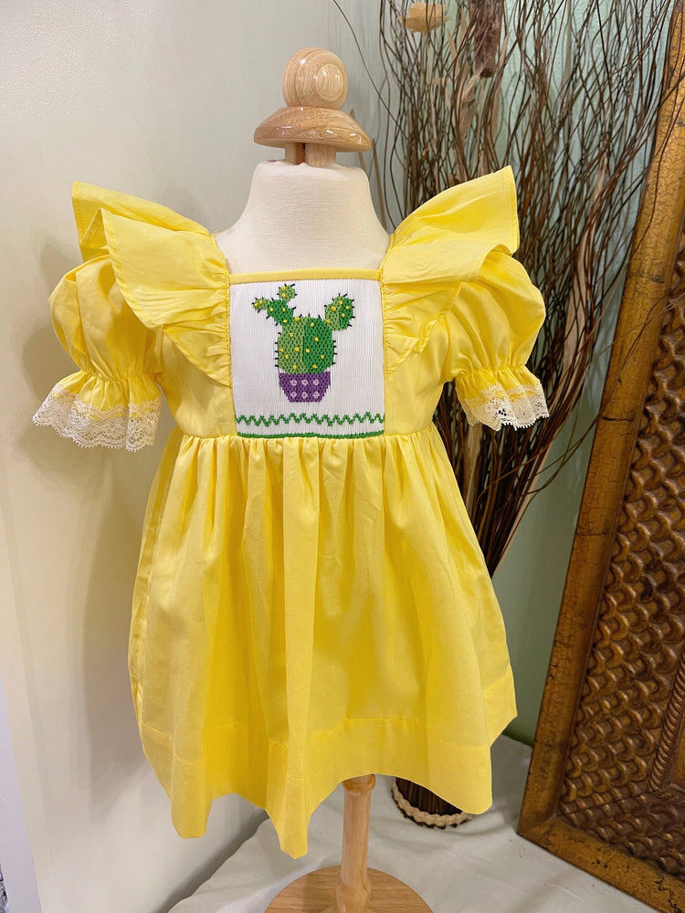 Baby Girl’s Hand-smocked Cactus Dress/Summer Dress/ Cute Outfit/ Cotton dress/ Kid, Toddler, Baby dress/ Gift for girl/Pink, Yellow clothing