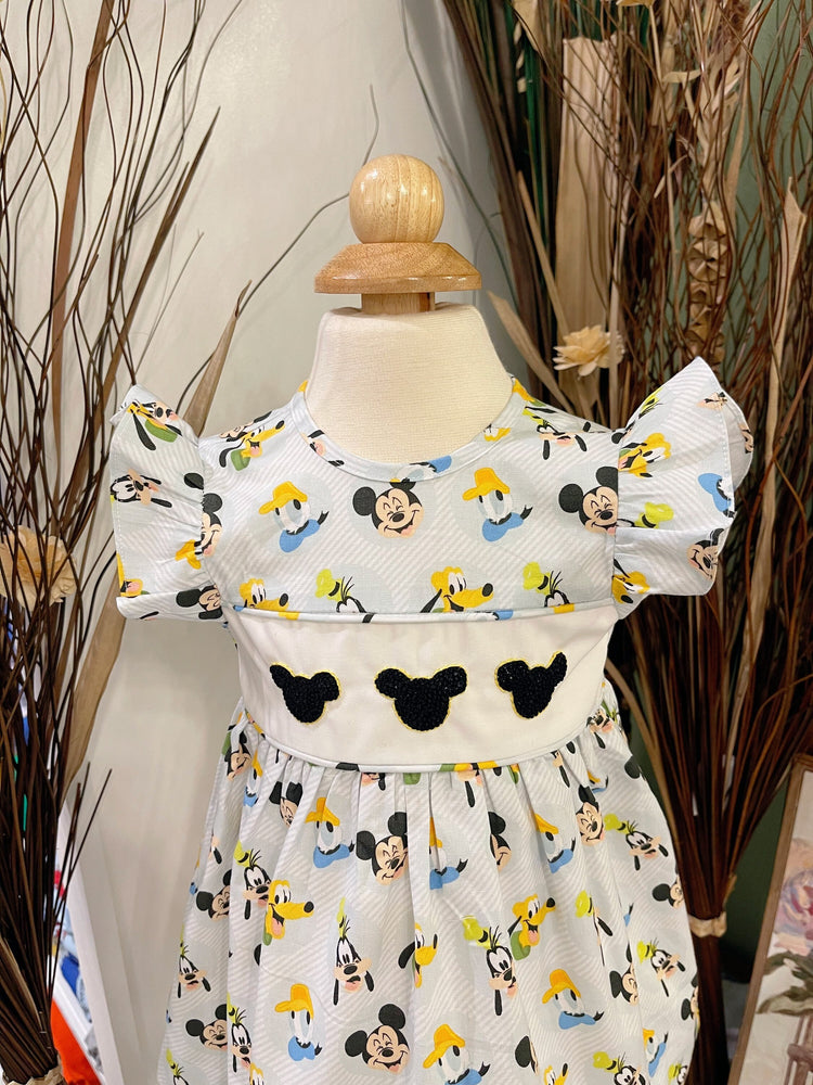 Mickey Mouse Best Pals fabric dress with handmade French knot, cotton fabric, high quality dress.