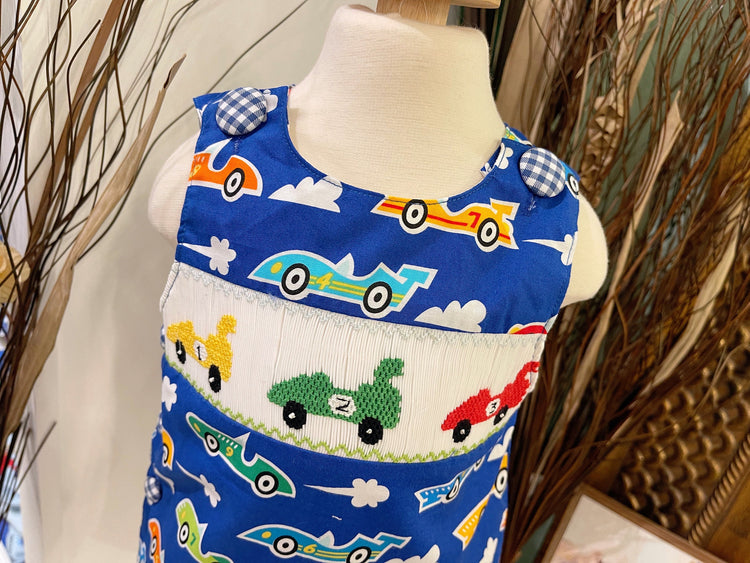 Baby Boy’s Robert Kaufman royal blue Hand-smocked Race Car Diaper Set/ Baby Boy clothing/Newborn gift/Diaper Cover set/US organic cotton set