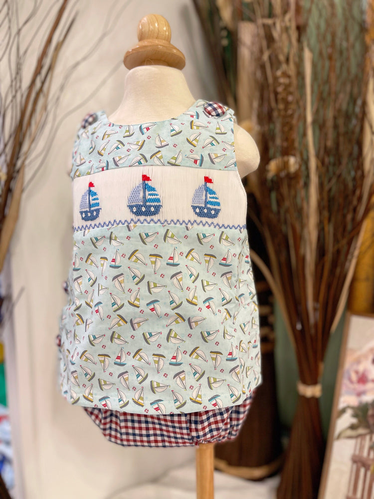 Baby Boy’s Hand-smocked Sailboat Diaper Set/ Contempo Studio Fabrics’ Sailboat Set/ US organic cotton boy set/ Baby boy clothing/Cake Smask