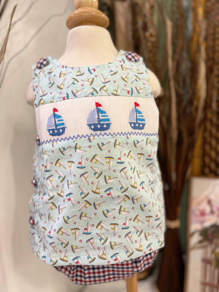 Baby Boy’s Hand-smocked Sailboat Diaper Set/ Contempo Studio Fabrics’ Sailboat Set/ US organic cotton boy set/ Baby boy clothing/Cake Smask