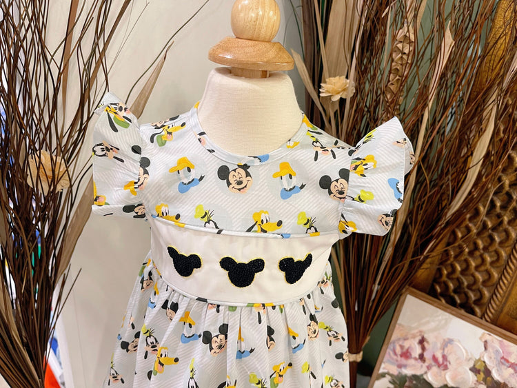 Mickey Mouse Best Pals fabric dress with handmade French knot, cotton fabric, high quality dress.