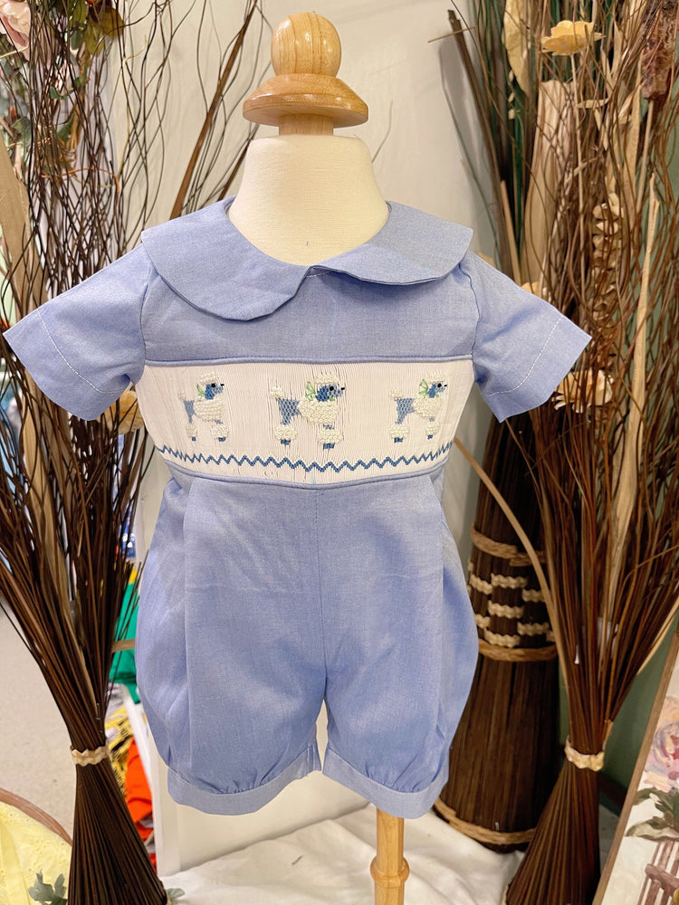 Baby boys rompers smocked poodle.