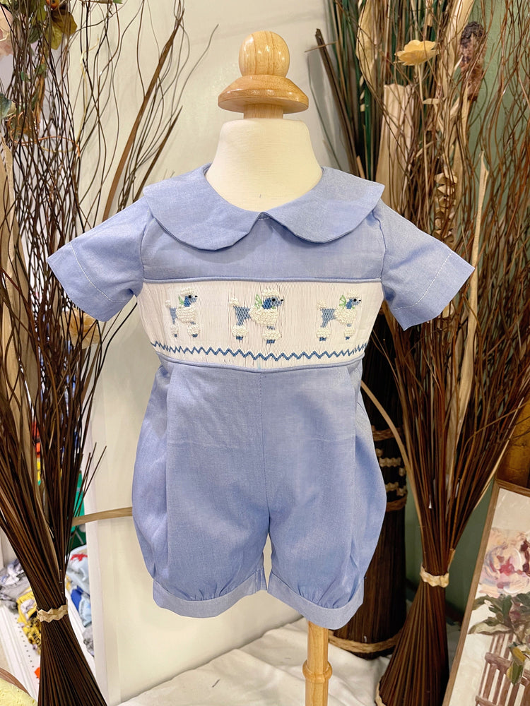 Baby boys rompers smocked poodle.