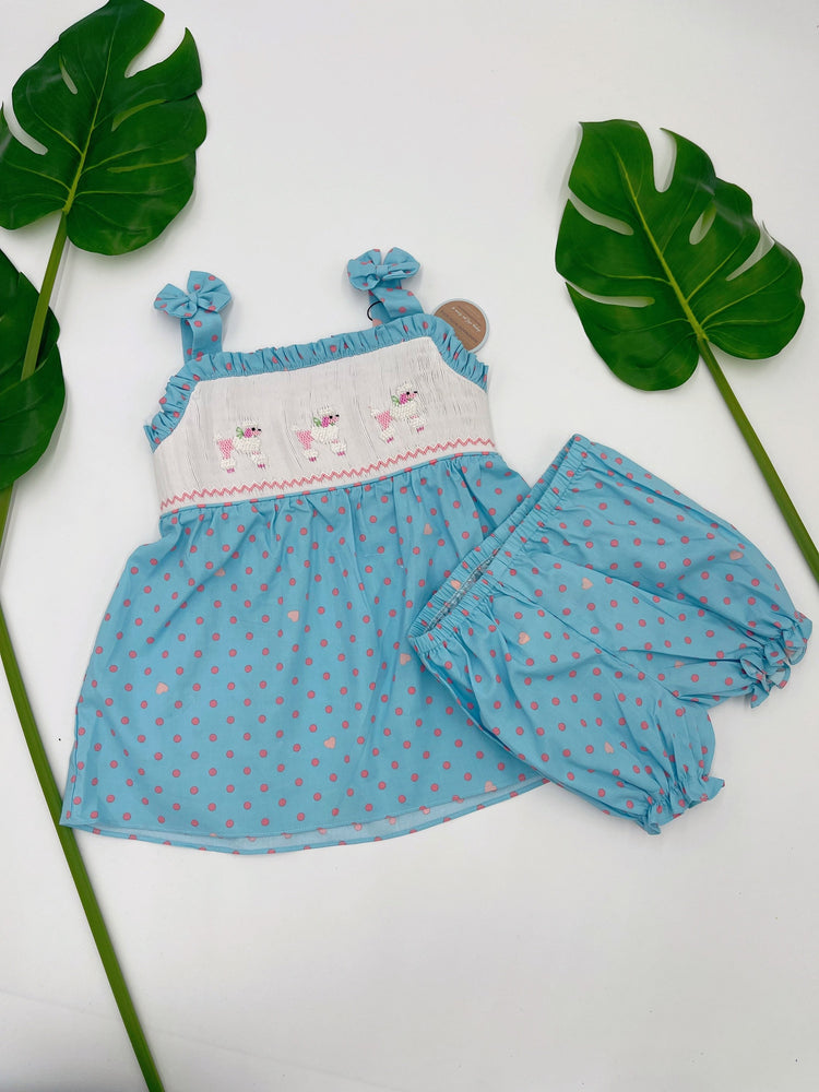 Smocked summer set , handmade smocked poodle.