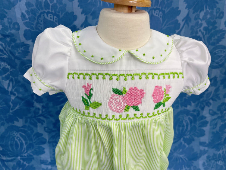 Smocked bubble roses handmade embroidery.