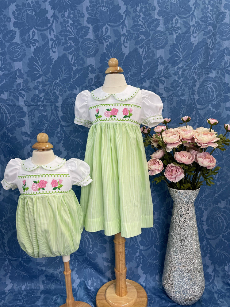 Smocked bubble roses handmade embroidery.