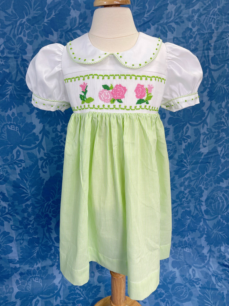 Rose smocked dress, vintage dress, handmade smocked, birthday dress, sister matching,