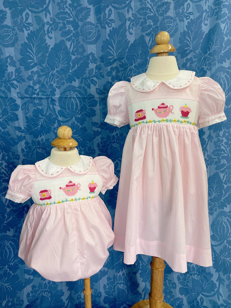 teacup smocked dress, birthday dress, handmade dress, baby shower gift.