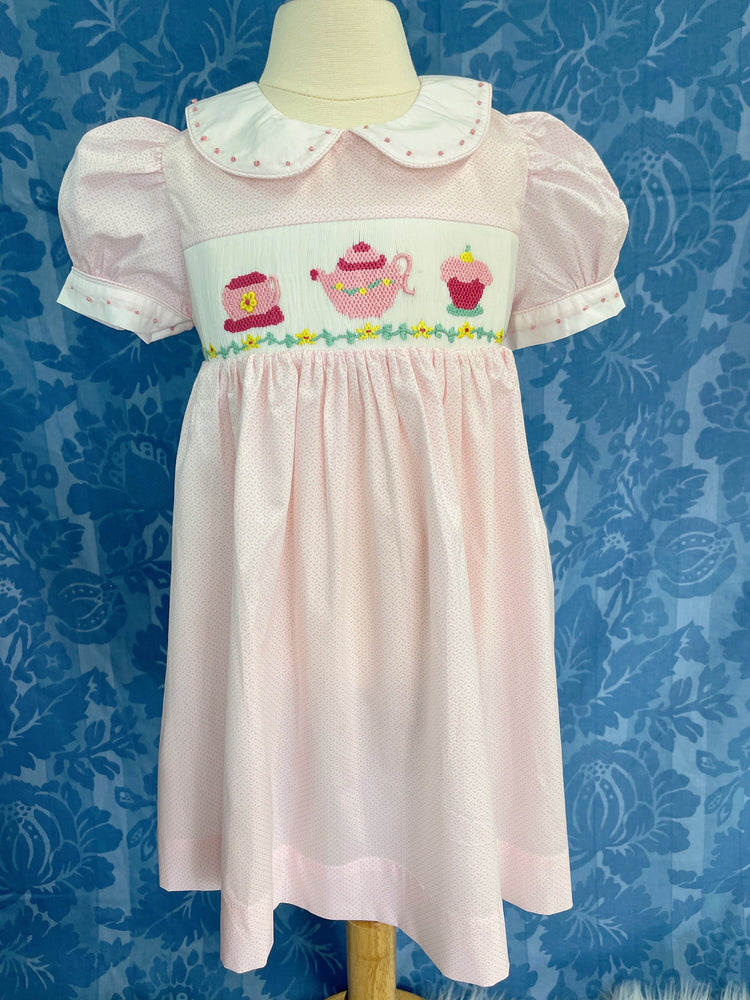 teacup smocked dress, birthday dress, handmade dress, baby shower gift.