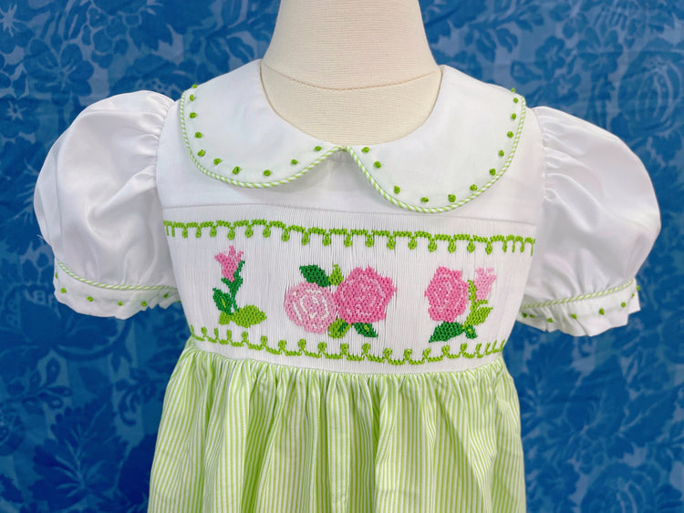 Rose smocked dress, vintage dress, handmade smocked, birthday dress, sister matching,