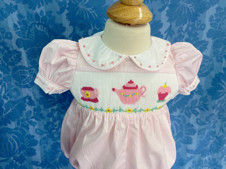 teacup smocked dress, birthday dress, handmade dress, baby shower gift.