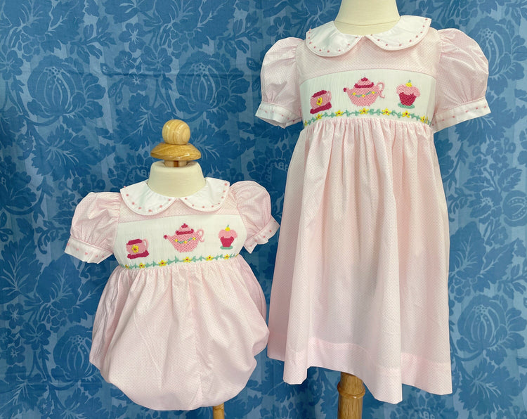 teacup smocked dress, birthday dress, handmade dress, baby shower gift.