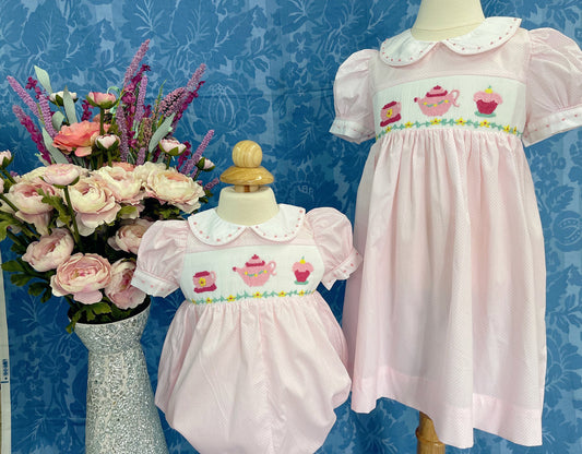 teacup smocked dress, birthday dress, handmade dress, baby shower gift.