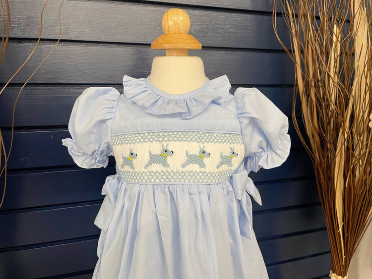 Doghandmade smocked dress , smocked dress with boomer, basic smocked dress, baby shower gifts, Easter dress, baby blue dress, cotton dress