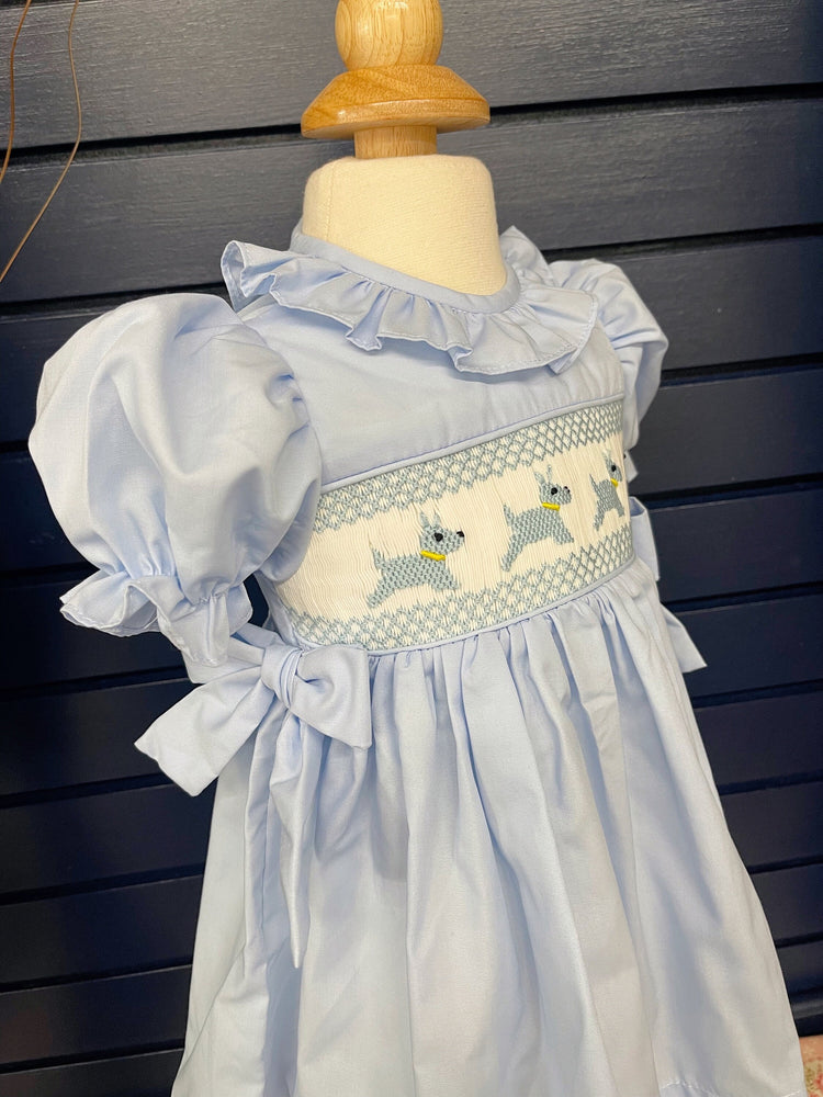 Doghandmade smocked dress , smocked dress with boomer, basic smocked dress, baby shower gifts, Easter dress, baby blue dress, cotton dress