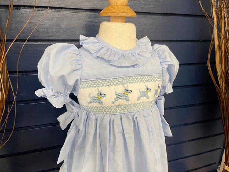 Doghandmade smocked dress , smocked dress with boomer, basic smocked dress, baby shower gifts, Easter dress, baby blue dress, cotton dress