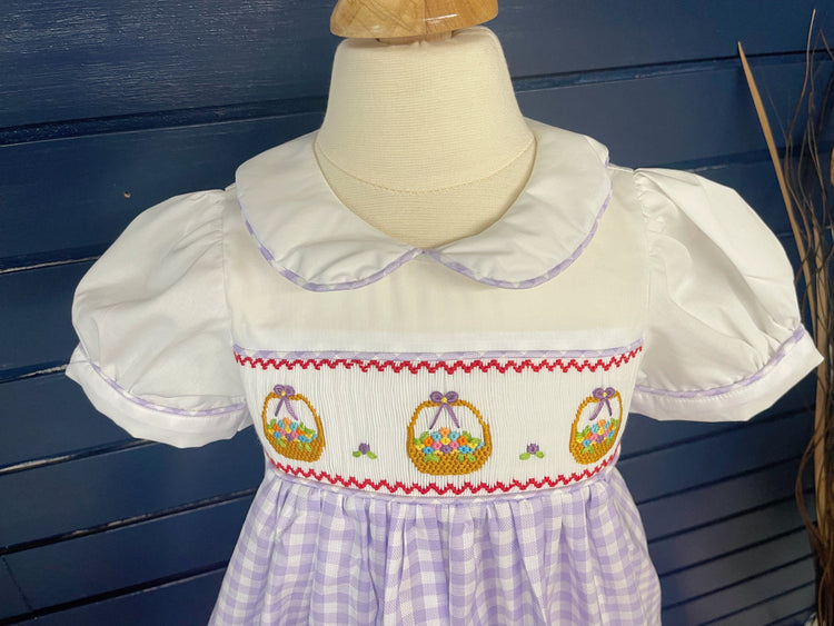 spring flowers basket smocked dress with bloomer , spring dress, summer dress, birthday dress