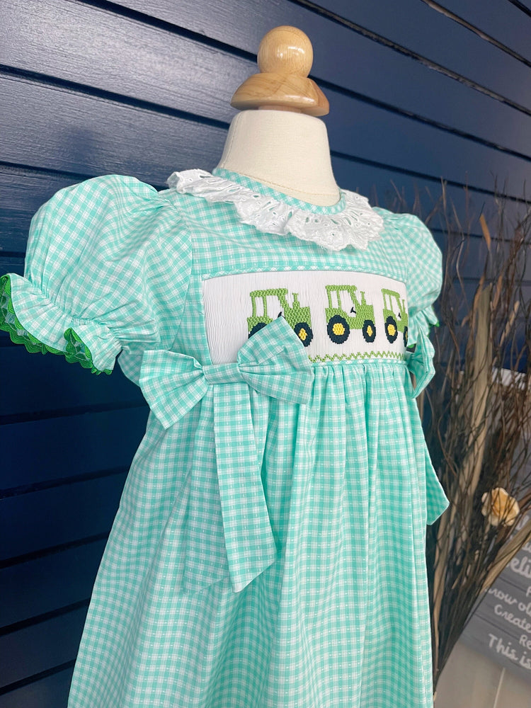 tractor smocked dress with bloomer , handmade smocked dress, spring dress