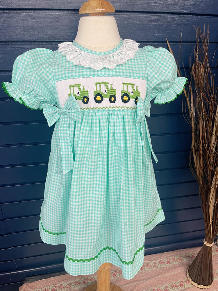 tractor smocked dress with bloomer , handmade smocked dress, spring dress