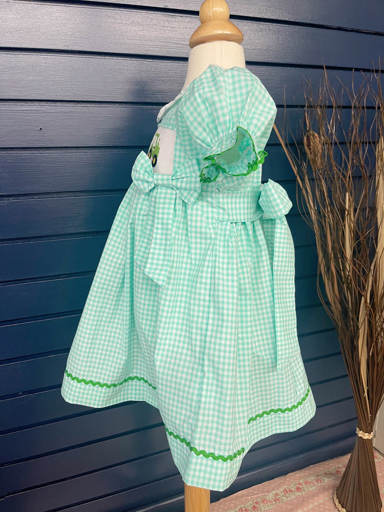 tractor smocked dress with bloomer , handmade smocked dress, spring dress