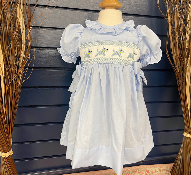 Doghandmade smocked dress , smocked dress with boomer, basic smocked dress, baby shower gifts, Easter dress, baby blue dress, cotton dress