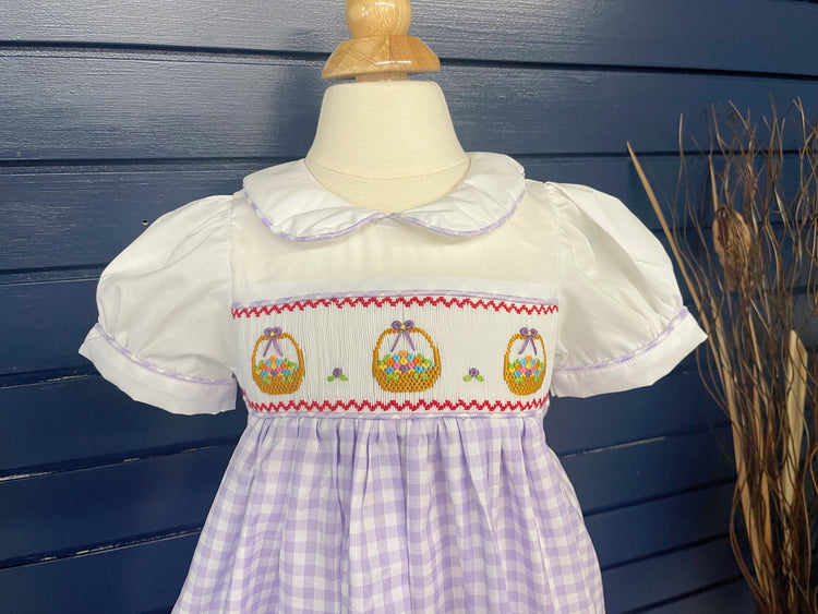 spring flowers basket smocked dress with bloomer , spring dress, summer dress, birthday dress