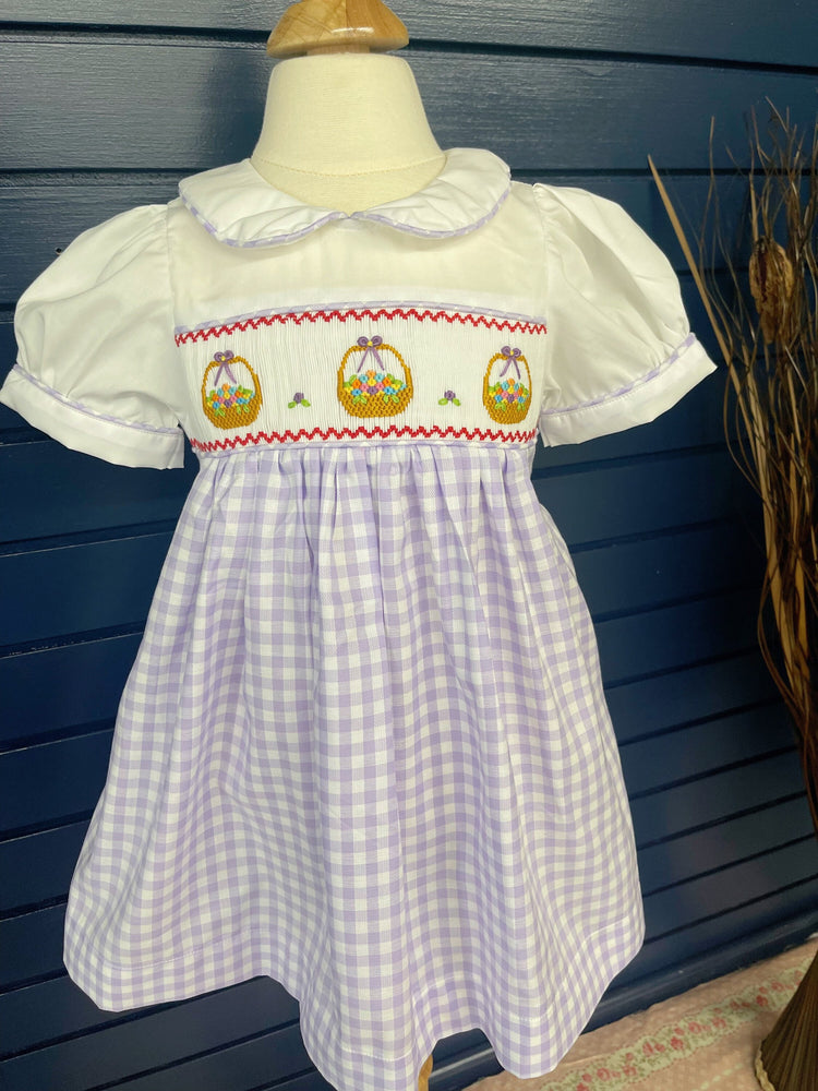 spring flowers basket smocked dress with bloomer , spring dress, summer dress, birthday dress