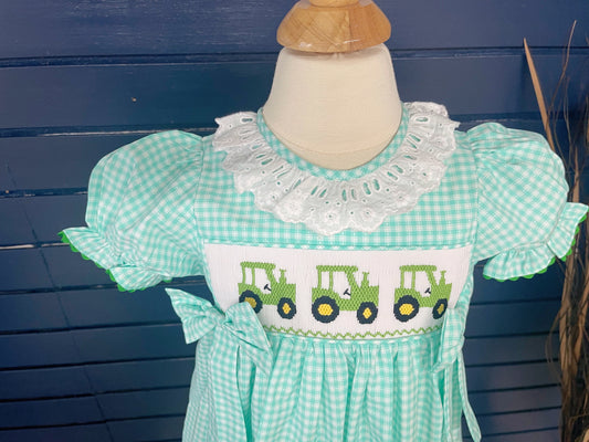 tractor smocked dress with bloomer , handmade smocked dress, spring dress