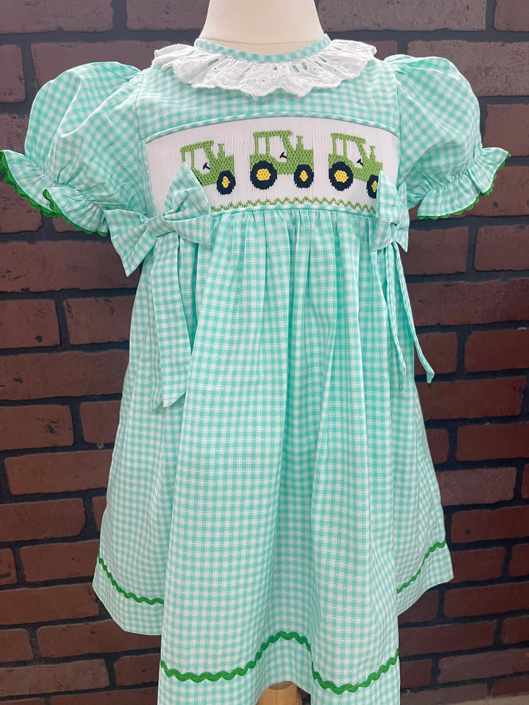 tractor smocked dress with bloomer , handmade smocked dress, spring dress