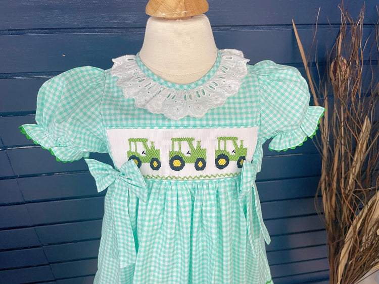 tractor smocked dress with bloomer , handmade smocked dress, spring dress