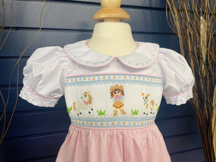 Farm smocked dress with bloomers, handmade smocked dress, summer dress, baby shower gift, birthday gift, spring dress