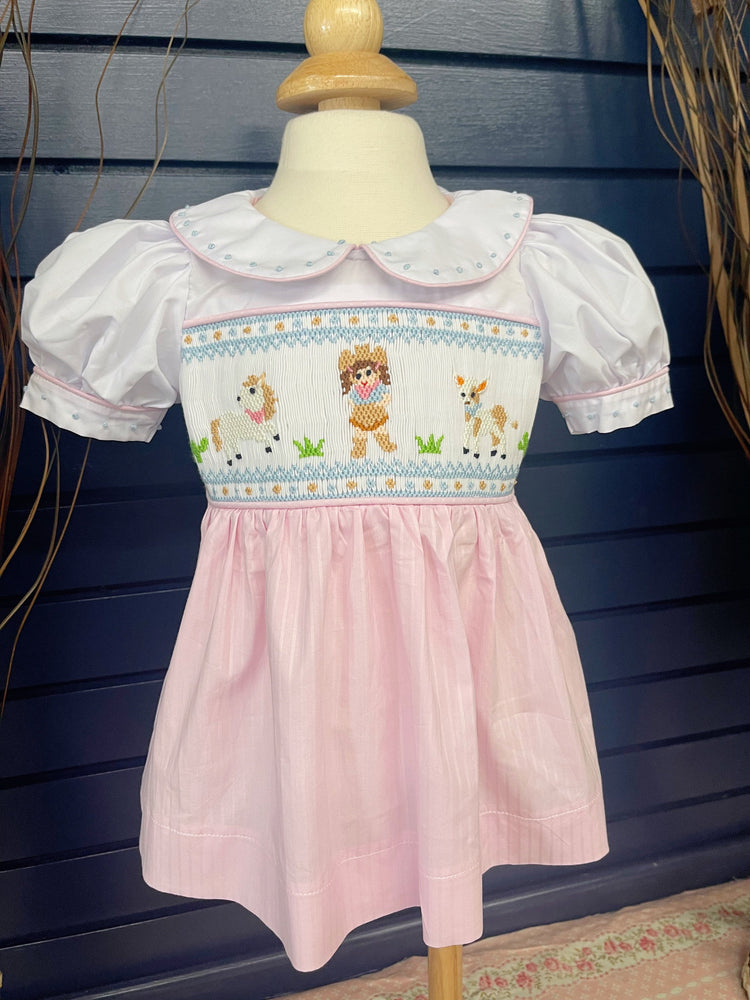 Farm smocked dress with bloomers, handmade smocked dress, summer dress, baby shower gift, birthday gift, spring dress